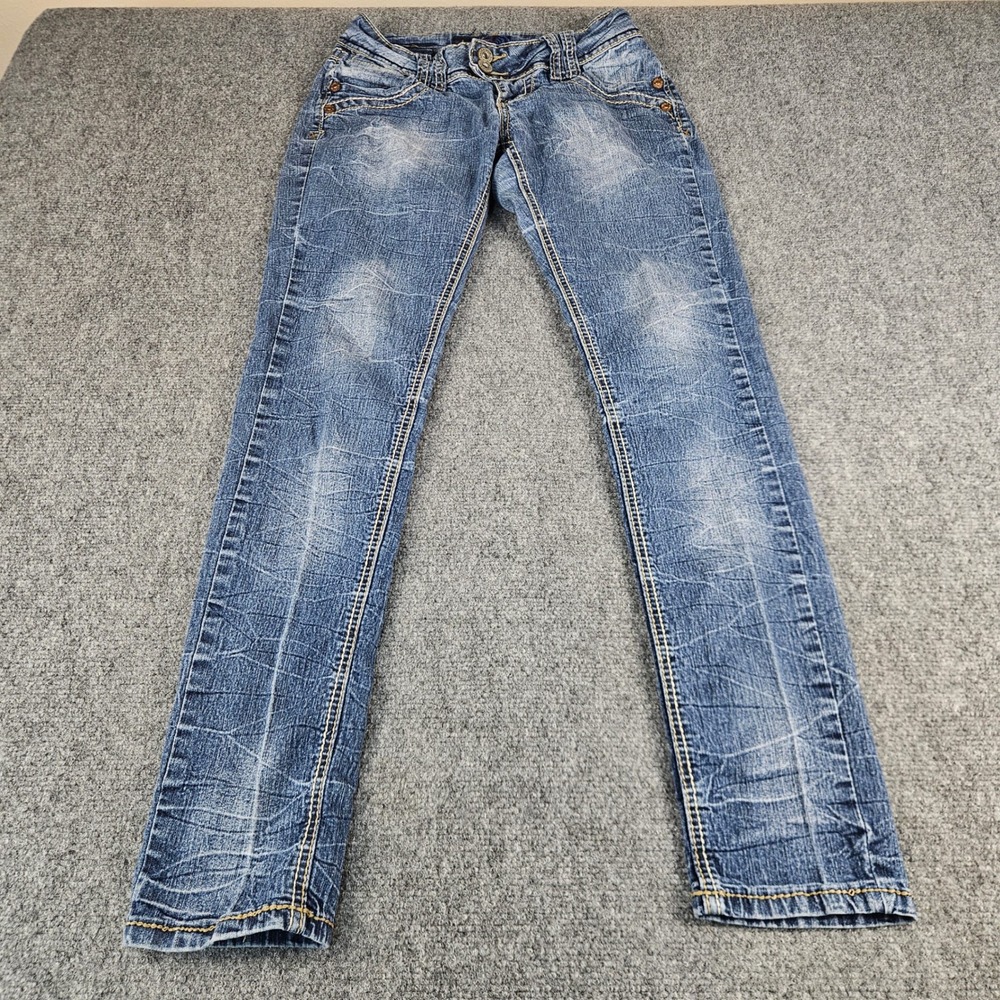 Angels Jeans Womens Size 3 Skinny Blue Denim Whiskered Crinkle Low Rise Stretch